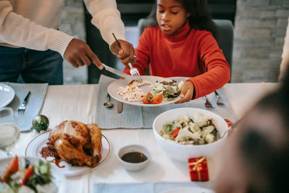 family enjoying chicken dinner together